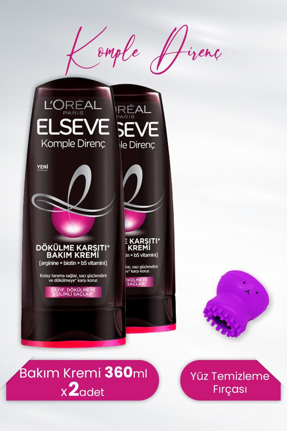 Elseve Komple Direnç Dökülme Karşıtı Bakım Kremi 360 ml x 2 Adet ve Tarko Lionesse Yüz Temizleme Fırçası Mor