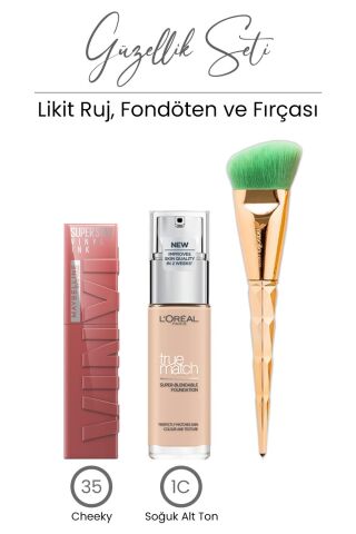 Loreal Paris True Match Fondöten 1C, Likit Ruj 35 Cheeky ve Fondöten Fırçası