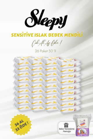 36 AL 33 ÖDE 50'li Sleepy Sensitive Islak Bebek Mendili ve Bebe Temizleme Pamuğu