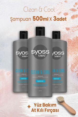 Syoss Men Clean & Cool Şampuan 500 ml x 3 Adet ve Yüz Bakım At Kılı Fırçası