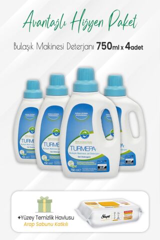 Turmepa Jel Bulaşık Makinesi Deterjanı 750 ml x 4 Adet ve Arap Sabunlu Yüzey Temizlik 100' lü