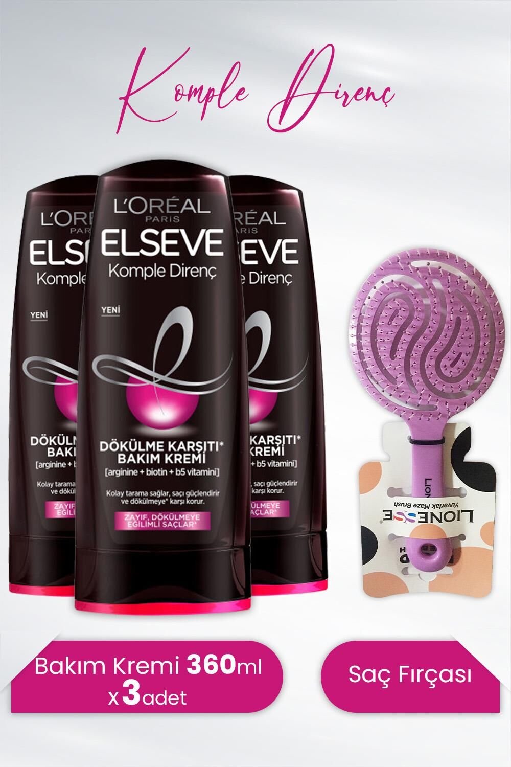 Elseve Komple Direnç Dökülme Karşıtı Bakım Kremi 360 ml x 3 Adet ve Tarko Lionesse Saç Fırçası Yuvarlak Mor