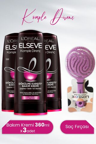 Elseve Komple Direnç Dökülme Karşıtı Bakım Kremi 360 ml x 3 Adet ve Tarko Lionesse Saç Fırçası Yuvarlak Mor