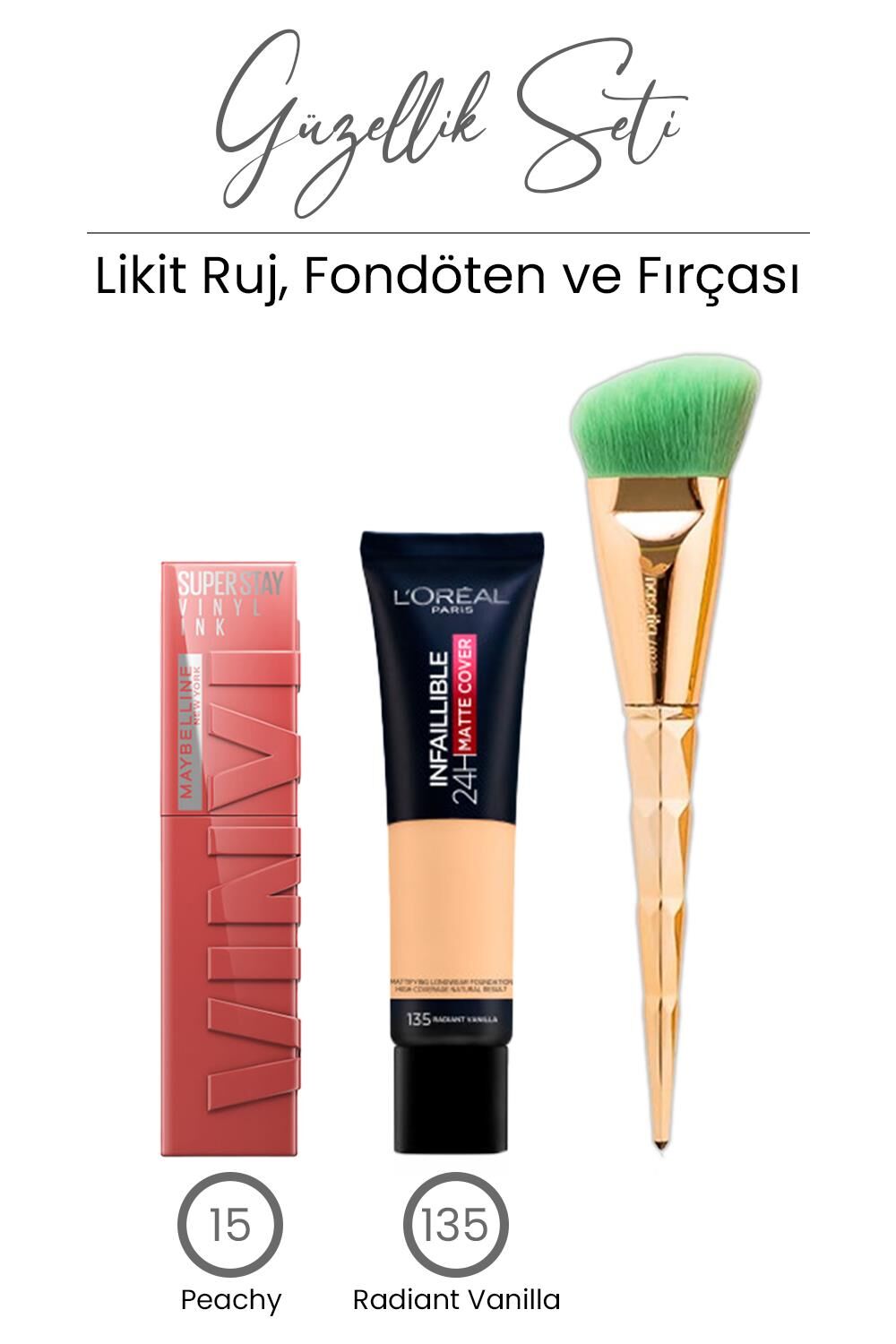 Loreal Paris Infaillible Fondöten Radiant Vanilla 135, Likit Ruj 15 Peachy ve Fondöten Fırçası