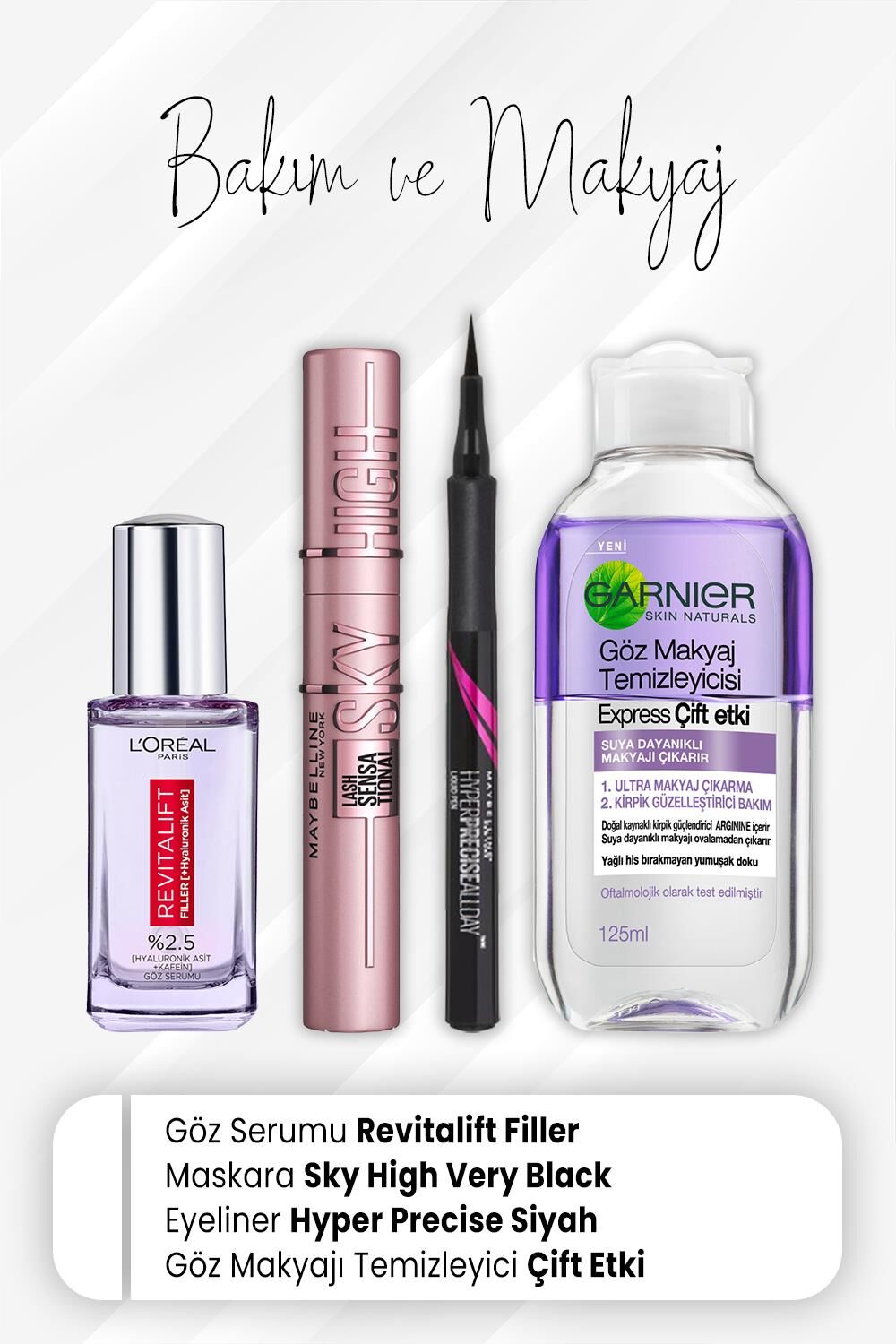 Loreal Paris Revitalift Göz Serumu 20 ml, Sky High Very Black, Eyeliner Hyper Siyah ve Express Çift Etki 125 ml