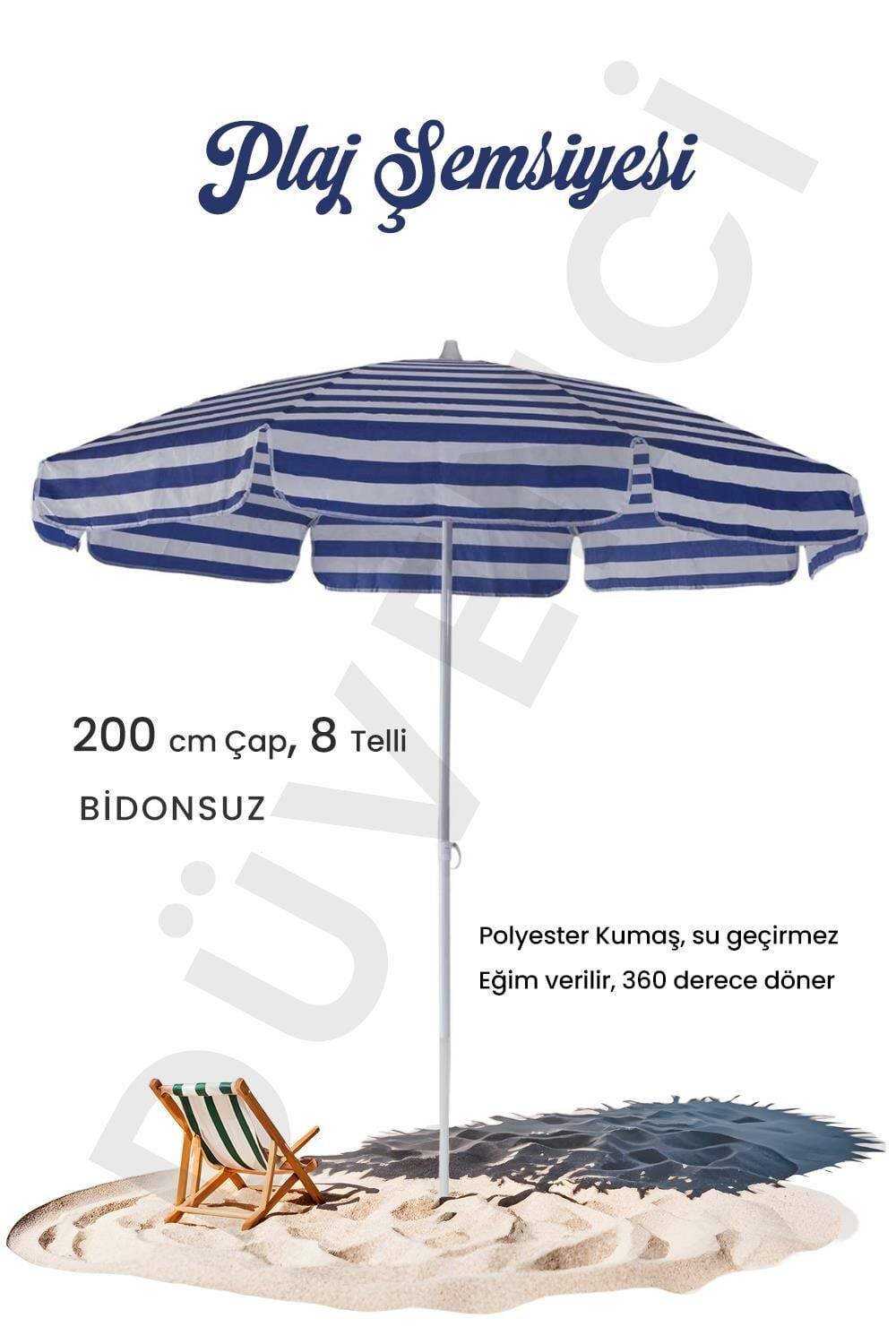 Plaj Şemsiyesi 200 CM Çap Mavi Beyaz 8 Telli Eğim Verilir BİDONSUZ ve rosie hediye