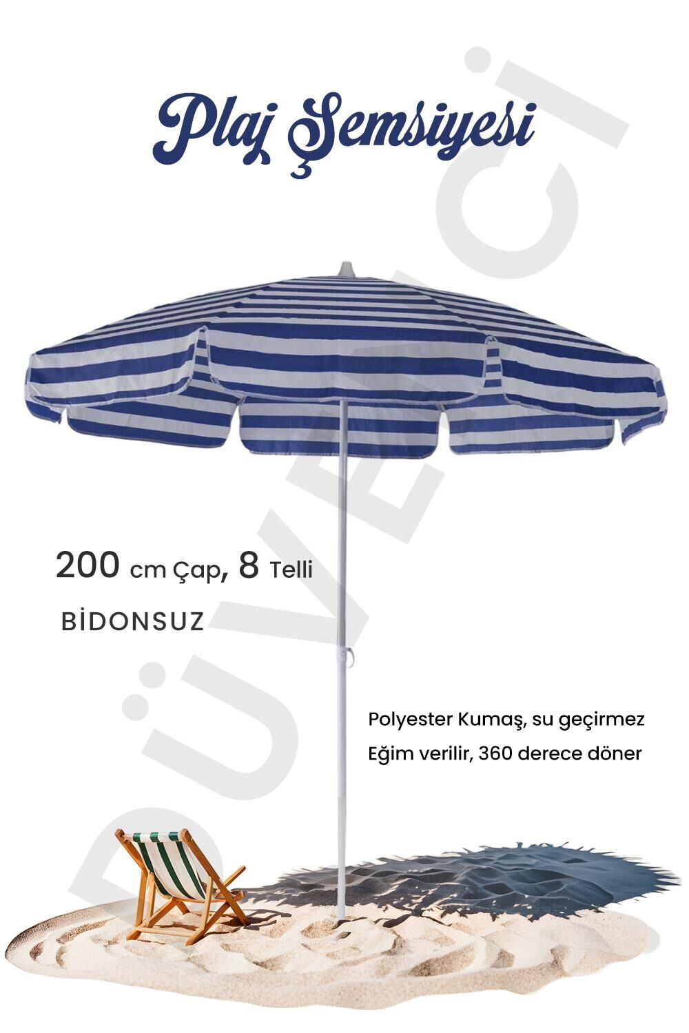 Plaj Şemsiyesi 200 CM Çap Mavi Beyaz 8 Telli Eğim Verilir BİDONSUZ ve rosie hediye