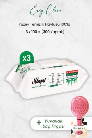 Sleepy Easy Clean Yüzey Temizlik Havlusu 100' lü x 3 Adet ve Saç Fırçası Yuvarlak Pembe