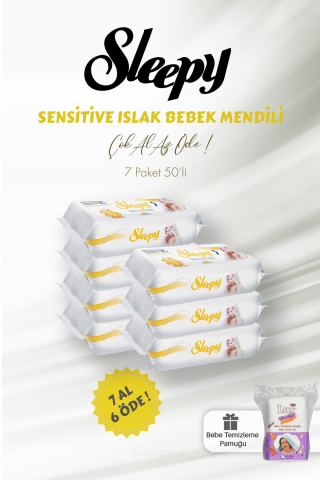 Sleepy Sensitive Islak Mendil 7 AL 6 ÖDE 50 Yaprak ve Bebek Temizleme Pamuğu