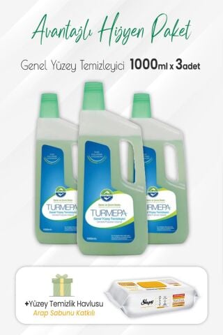 Turmepa Genel Yüzey Temizleyici 1 lt x 3 Adet ve Arap Sabunlu Yüzey Temizlik 100' lü