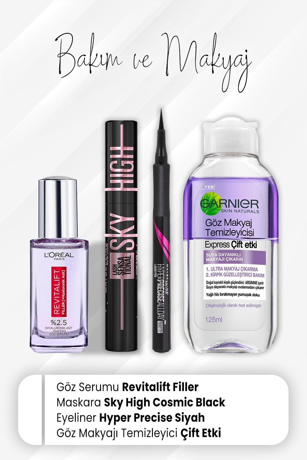 Loreal Paris Göz Serumu Revitalift 20 ml, Sky High Cosmic Black, Eyeliner Hyper Mat Siyah ve Express Çift Etki 125 ml