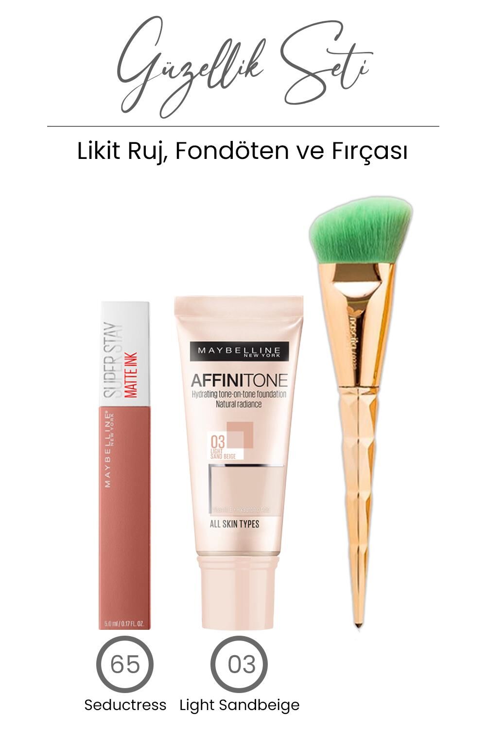 Maybelline New York Affinitone Fondöten 03, Likit Ruj 65 ve Fondöten Fırçası