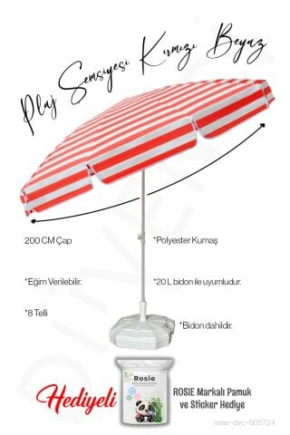 Plaj Şemsiyesi 8 Telli Kırmızı Beyaz Renk 200 CM Çap BİDONLU Eğim Verilir ve rosie hediye
