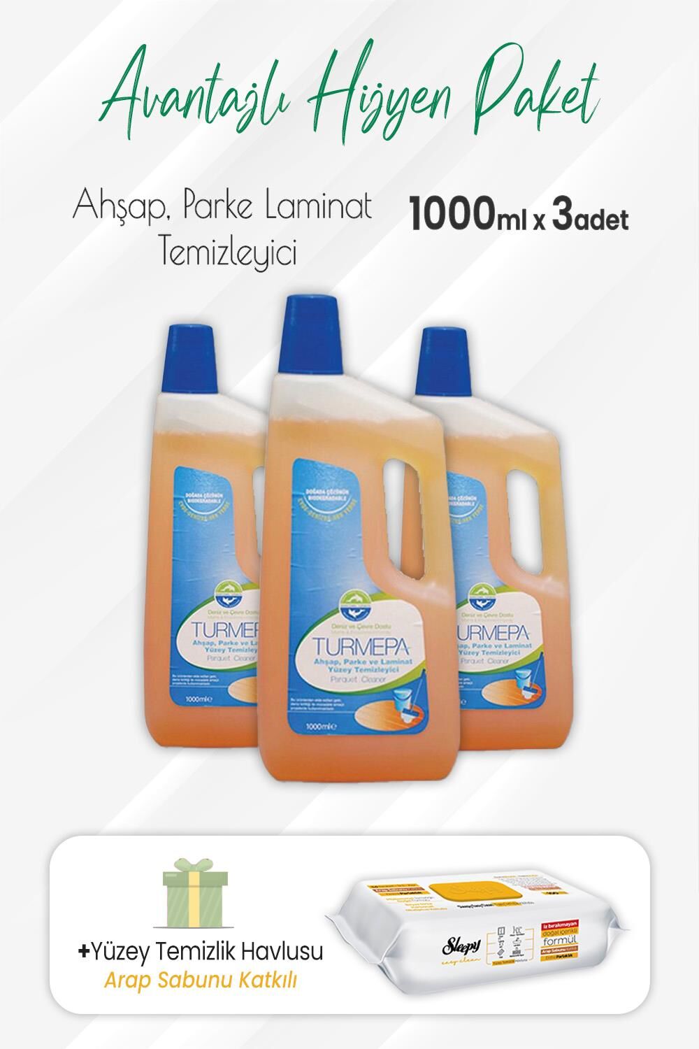 Turmepa Ahşap, Parke Temizleyici 1 lt x 3 Adet ve Arap Sabunlu Yüzey Temizlik 100' lü