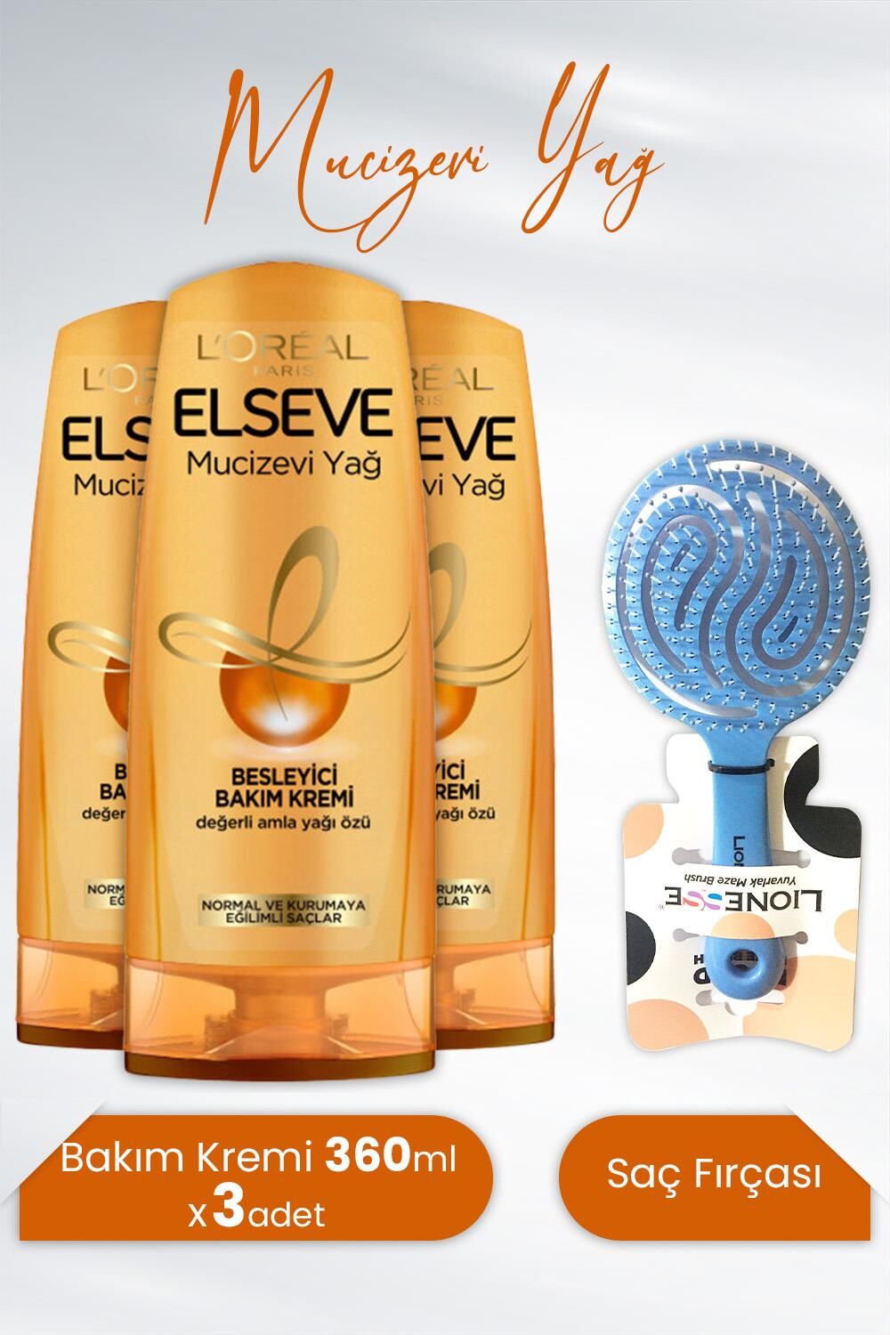 Elseve Mucizevi Yağ Besleyici Bakım Kremi 360 ml x 3 Adet ve Tarko Saç Fırçası Yuvarlak Mavi