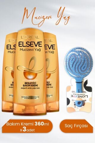 Elseve Mucizevi Yağ Besleyici Bakım Kremi 360 ml x 3 Adet ve Tarko Saç Fırçası Yuvarlak Mavi