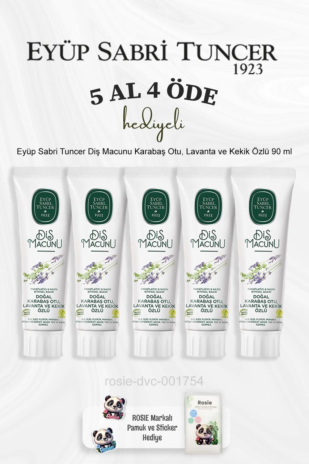 Eyüp Sabri Tuncer Diş Macunu Karabaş Otu, Lavanta ve Kekik Özlü 90 ml 5 Al 4 Öde ve Rosie Pamuk