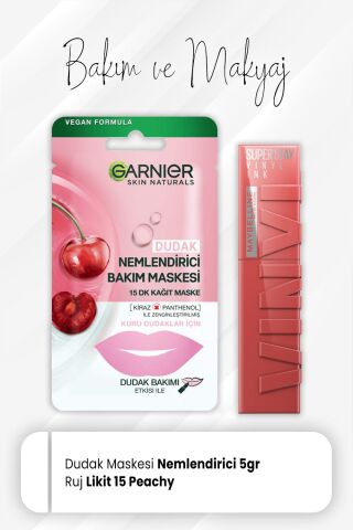 Garnier Kağıt Dudak Bakım Maskesi 5 gr ve Super Stay Vinyl Ink Likit Ruj 15 Peachy