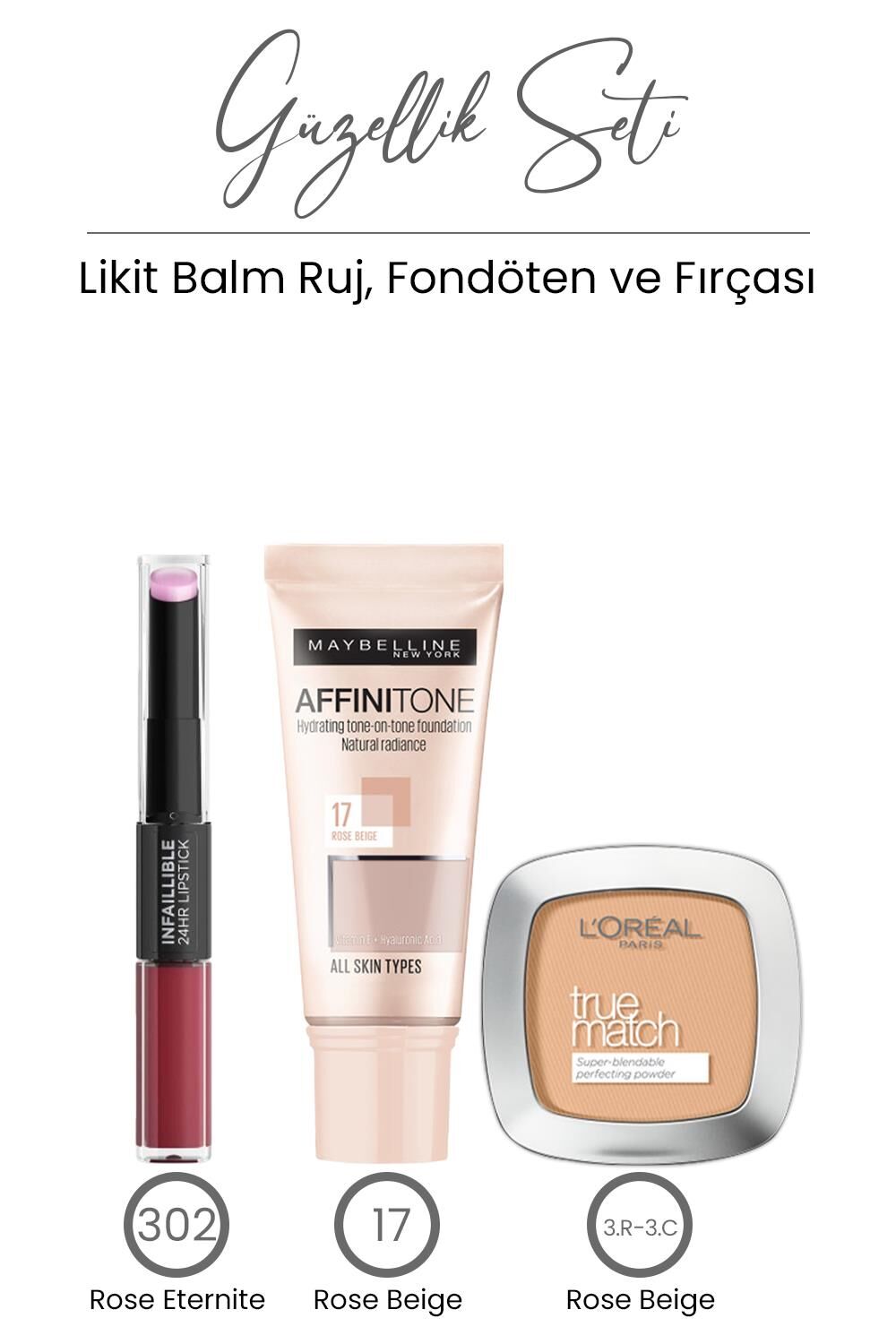 Maybelline New York Affinitone Fondöten 17, Pudra 3.R-3.C ve Likit Ruj Balm 302