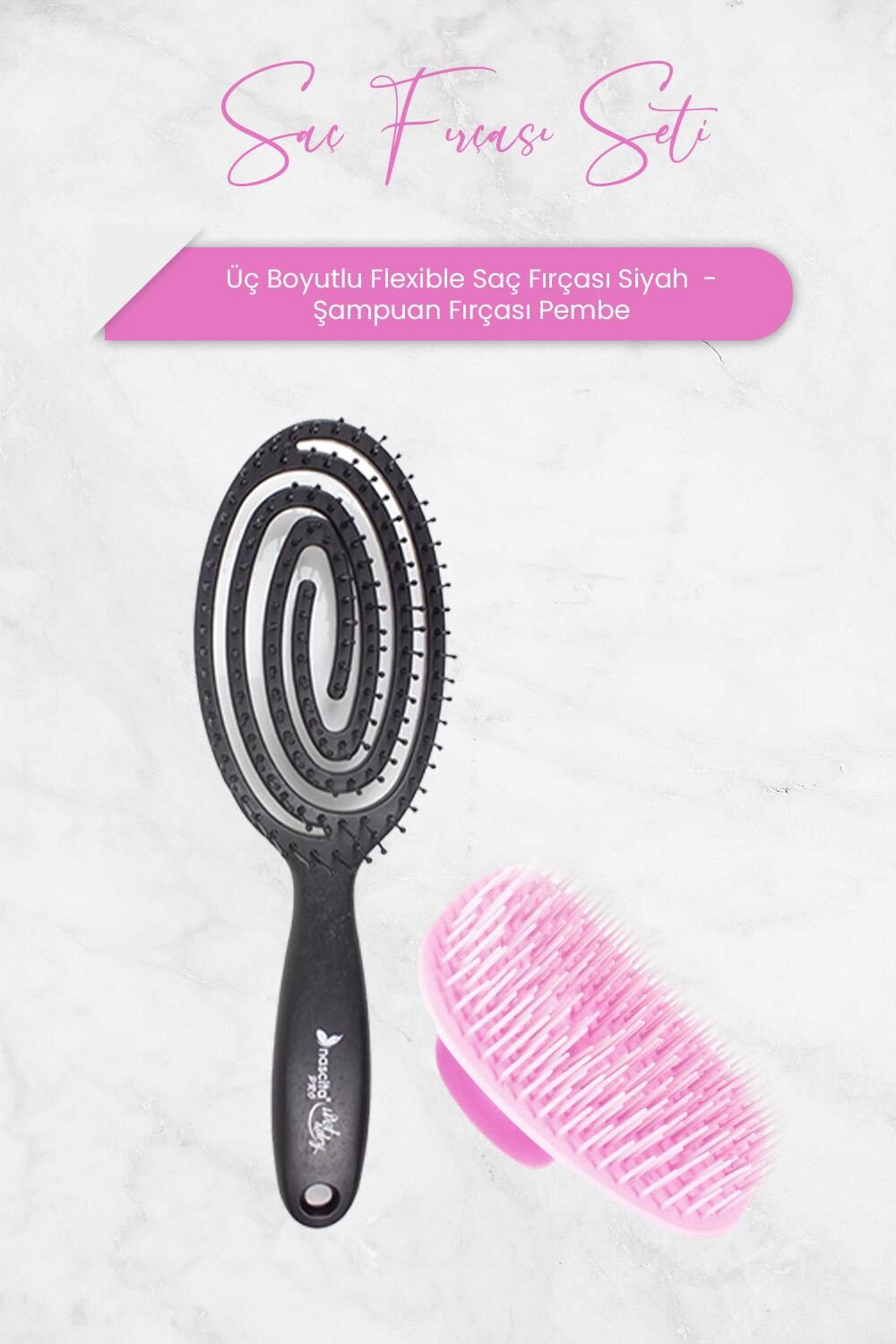 Nascita Üç Boyutlu Flexible Saç Fırçası Siyah ve Şampuan Fırçası Pembe