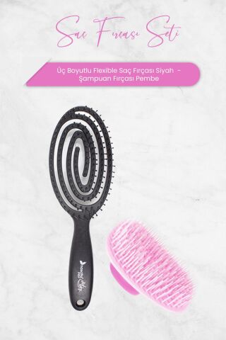 Nascita Üç Boyutlu Flexible Saç Fırçası Siyah ve Şampuan Fırçası Pembe