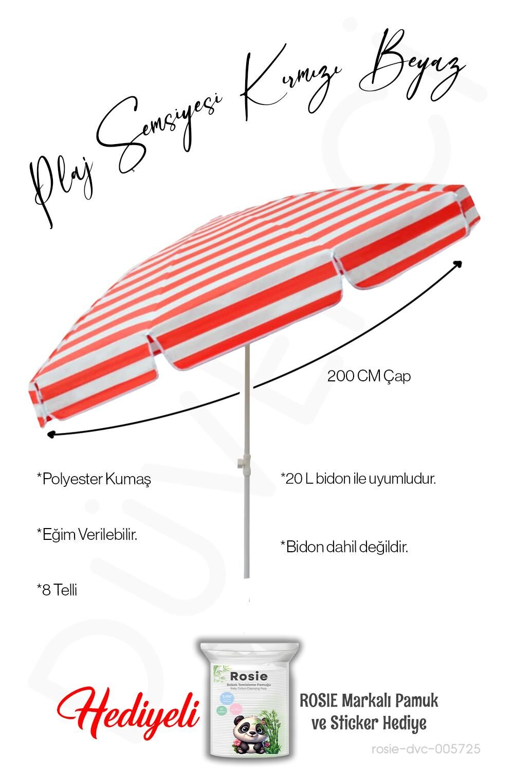 Plaj Şemsiyesi 200 CM Çap Kırmızı Beyaz 8 Telli Eğim Verilir BİDONSUZ ve rosie hediye