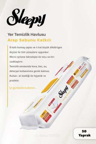 Sleepy Arap Sabunu Katkılı Yer Temizlik Havlusu 50 Yaprak, Beyaz Sabunlu Yüzey Mendili 100'lü ve ROSIE Pamuk