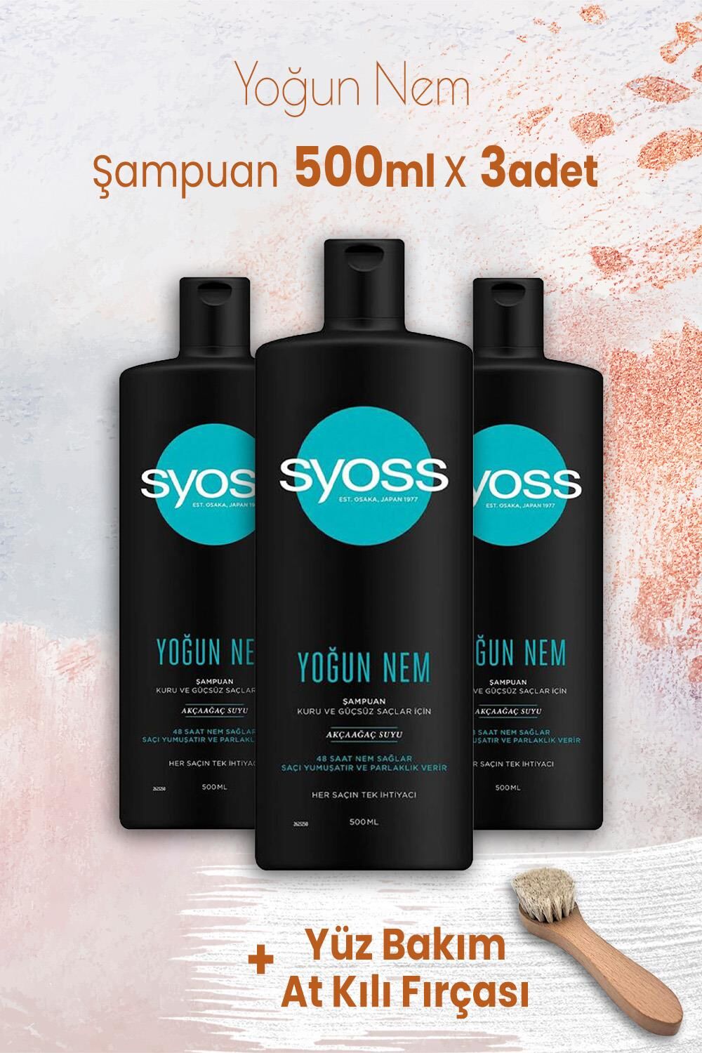 Syoss Yoğun Nem Şampuan 500 ml x 3 Adet ve Yüz Bakım At Kılı Fırçası