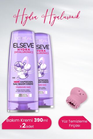 Elseve Hydra Hyaluronik Saç Bakım Kremi 390 ml x 2 Adet ve Tarko Lionesse Yüz Temizleme Fırçası Pembe