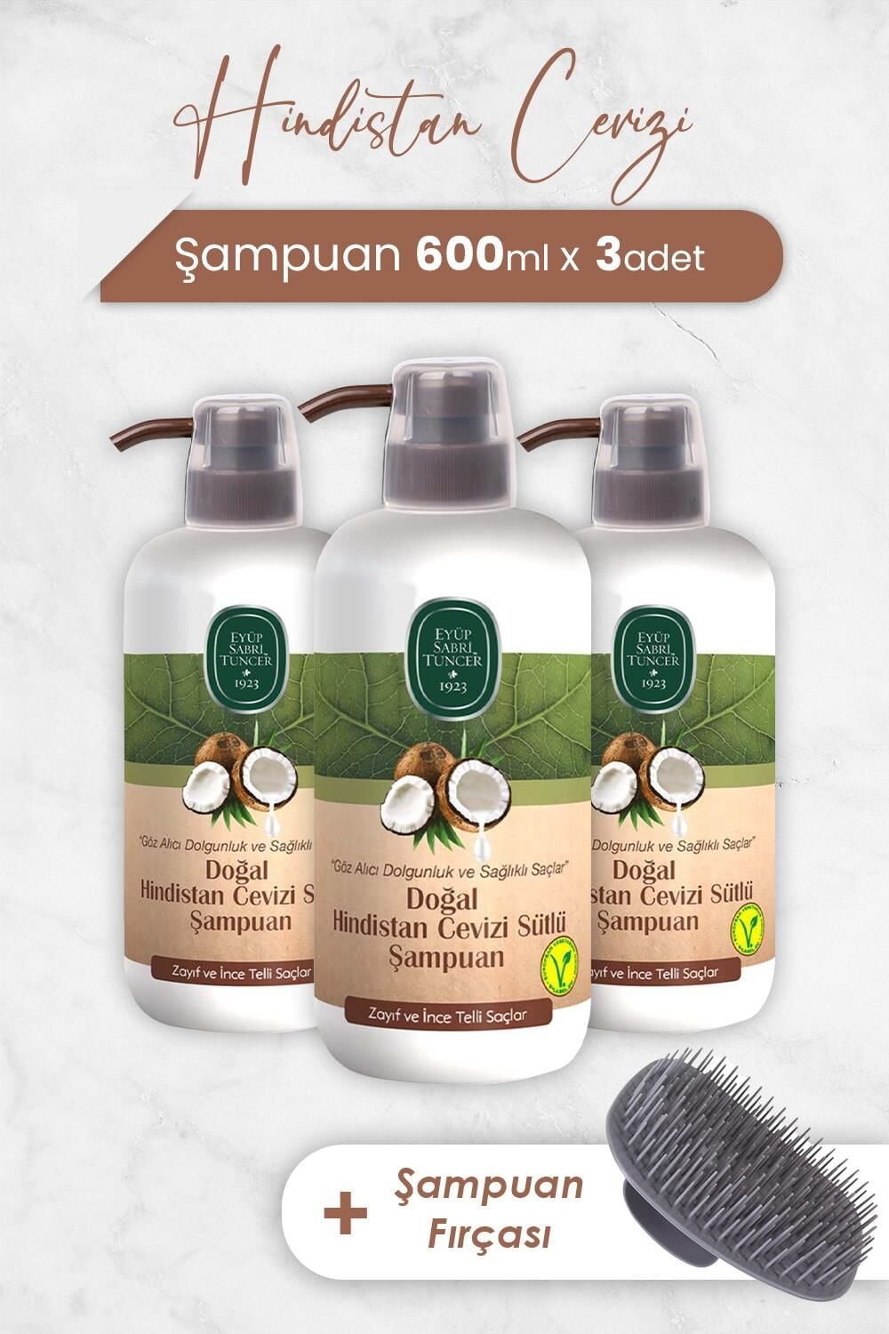 Eyüp Sabri Tuncer Hindistan Cevizi Şampuan 600 ml x 3 Adet ve Şampuan Fırçası