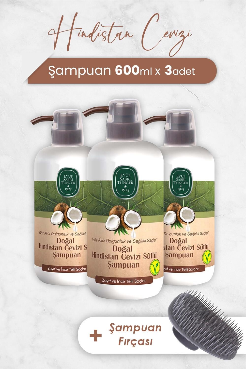 Eyüp Sabri Tuncer Hindistan Cevizi Şampuan 600 ml x 3 Adet ve Şampuan Fırçası