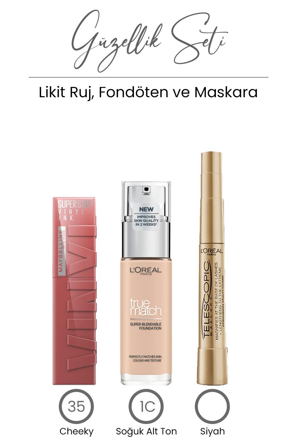 Loreal Paris Telescopic Maskara, Fondöten 1C ve Likit Ruj 35