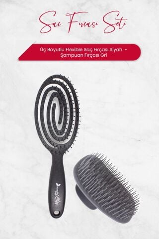 Nascita Üç Boyutlu Flexible Saç Fırçası Siyah ve Şampuan Fırçası Gri