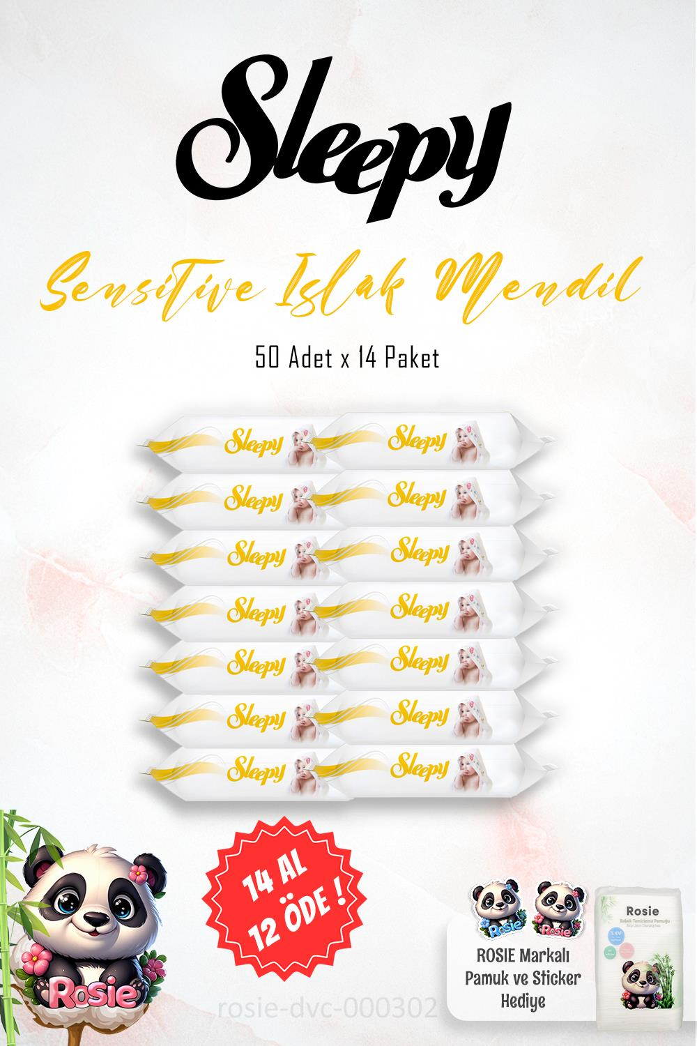 14 AL 12 ÖDE Sleepy Sensitive Islak Bebek Mendil 50'li ve ROSIE Pamuk