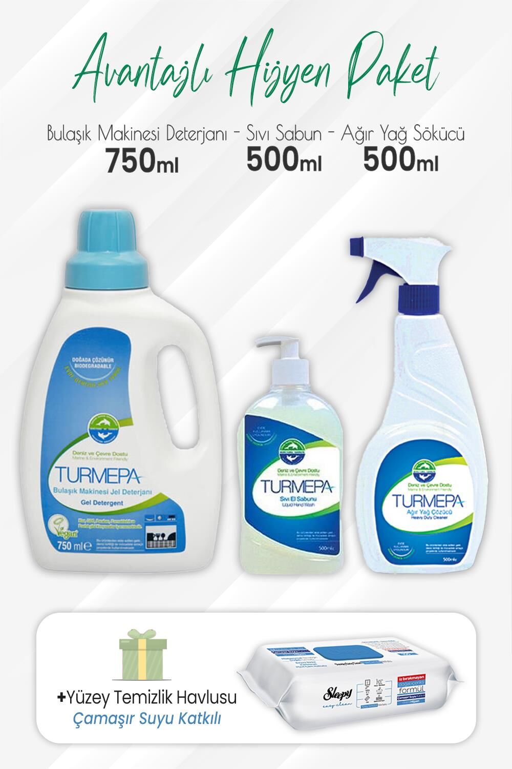 Turmepa Bulaşık Makinesi Deterjanı 750 ml, Sıvı Sabun, Yağ Sökücü 500 ml ve Mopa Uyumlu Yüzey 80'li