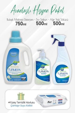 Turmepa Bulaşık Makinesi Deterjanı 750 ml, Sıvı Sabun, Yağ Sökücü 500 ml ve Mopa Uyumlu Yüzey 80'li