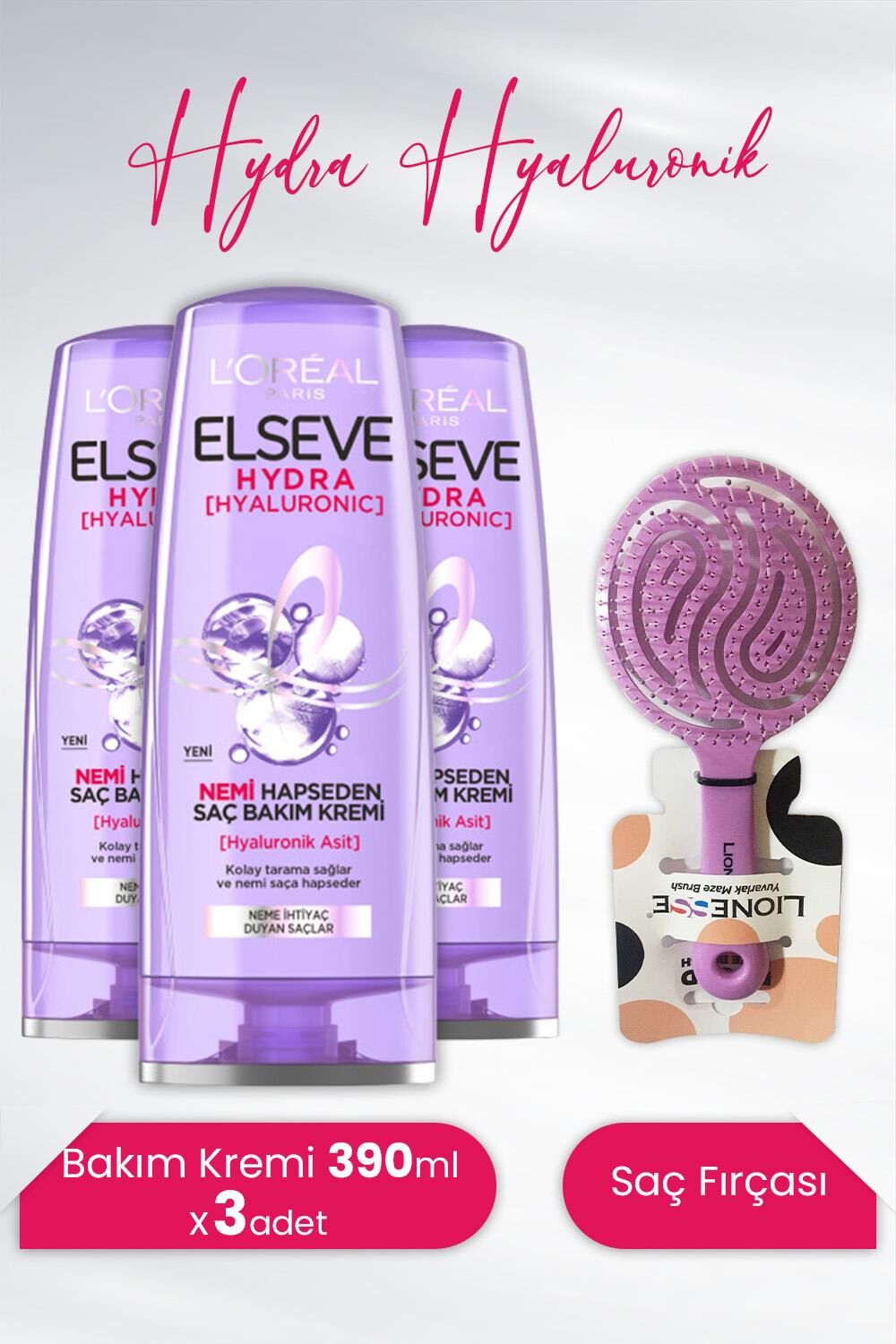 Elseve Hydra Hyaluronik Saç Bakım Kremi 390 ml x 3 Adet ve Tarko Lionesse Saç Fırçası Yuvarlak Mor