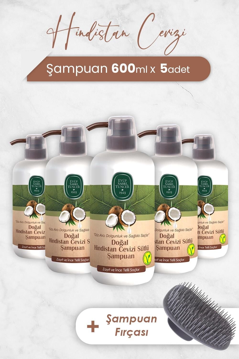 Eyüp Sabri Tuncer Hindistan Cevizi Şampuan 600 ml x 5 Adet ve Şampuan Fırçası