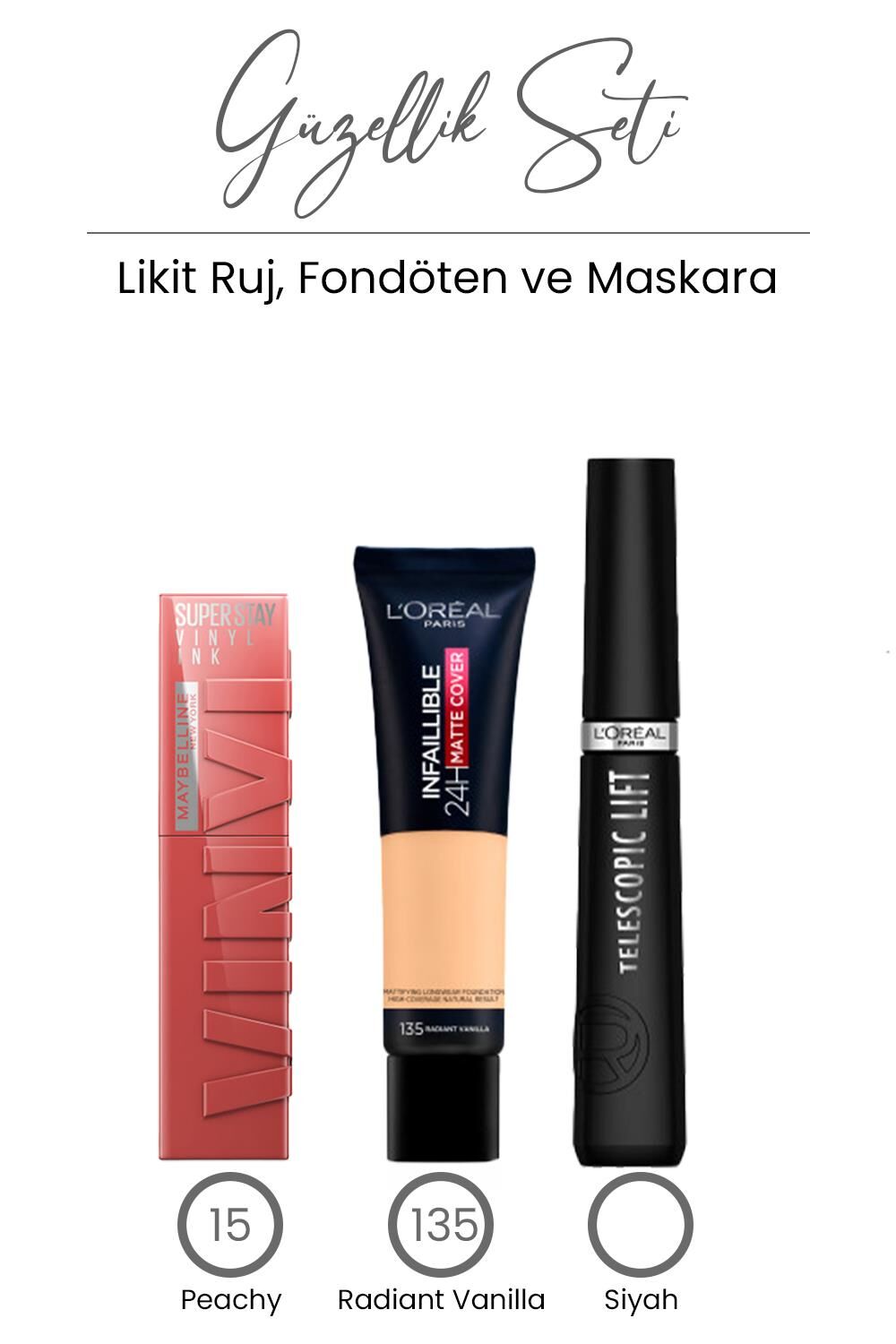 Loreal Paris Telescopic Lift Maskara, Fondöten 135 ve Likit Ruj 15
