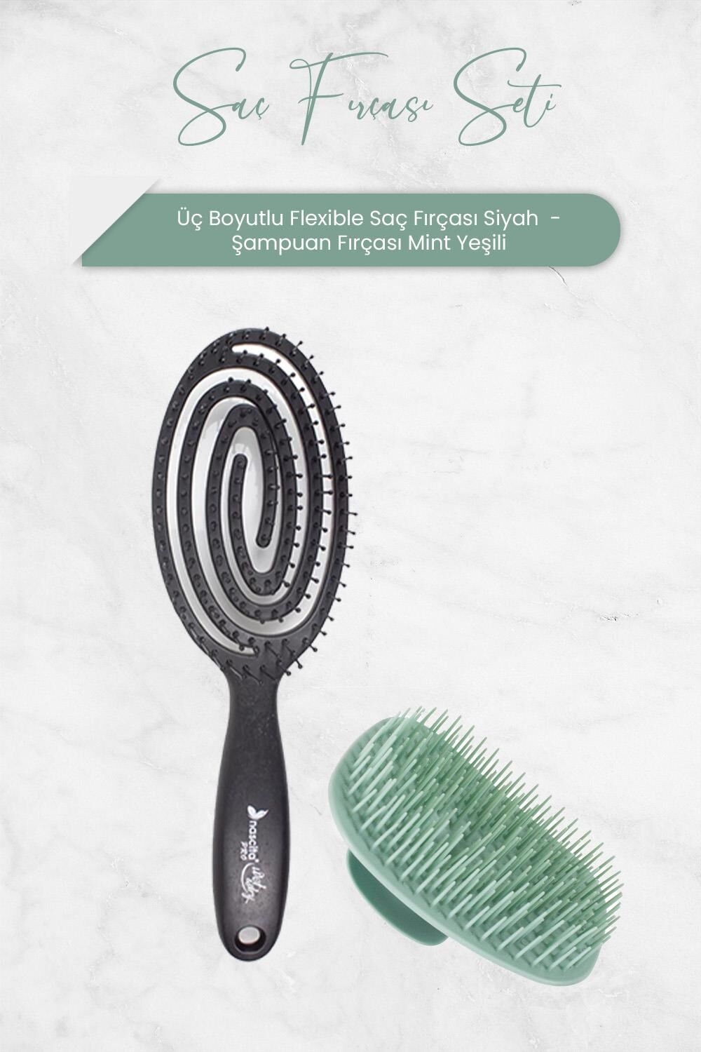 Nascita Üç Boyutlu Flexible Saç Fırçası Siyah ve Şampuan Fırçası Mint Yeşili