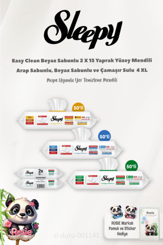 Sleepy Arap Sabunu,Çamaşır Suyu, Beyaz Sabun Katkılı 4  XL Yer Temizlik Havlusu 50 Yaprak,Sleepy Easy Clean 15x2 ve ROSIE Pamuk