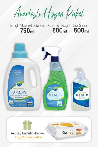 Turmepa Bulaşık Makinesi Deterjan 750 ml, Cam Temizleyici, Sıvı Sabun 500 ml ve Arap Sabunlu 100'lü