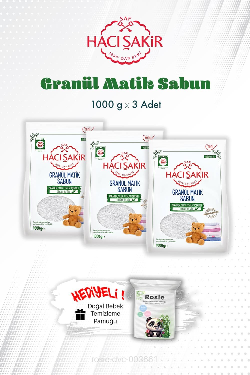 1000 gr 3 Adet Hacı Şakir Granül Matik Çamaşır Deterjanı ve ROSIE