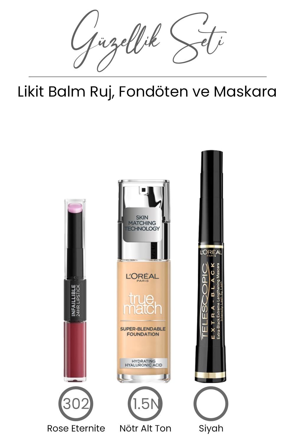Loreal Paris Telescopic Carbon Black Maskara, Fondöten 1.5N ve Likit Ruj Balm 302