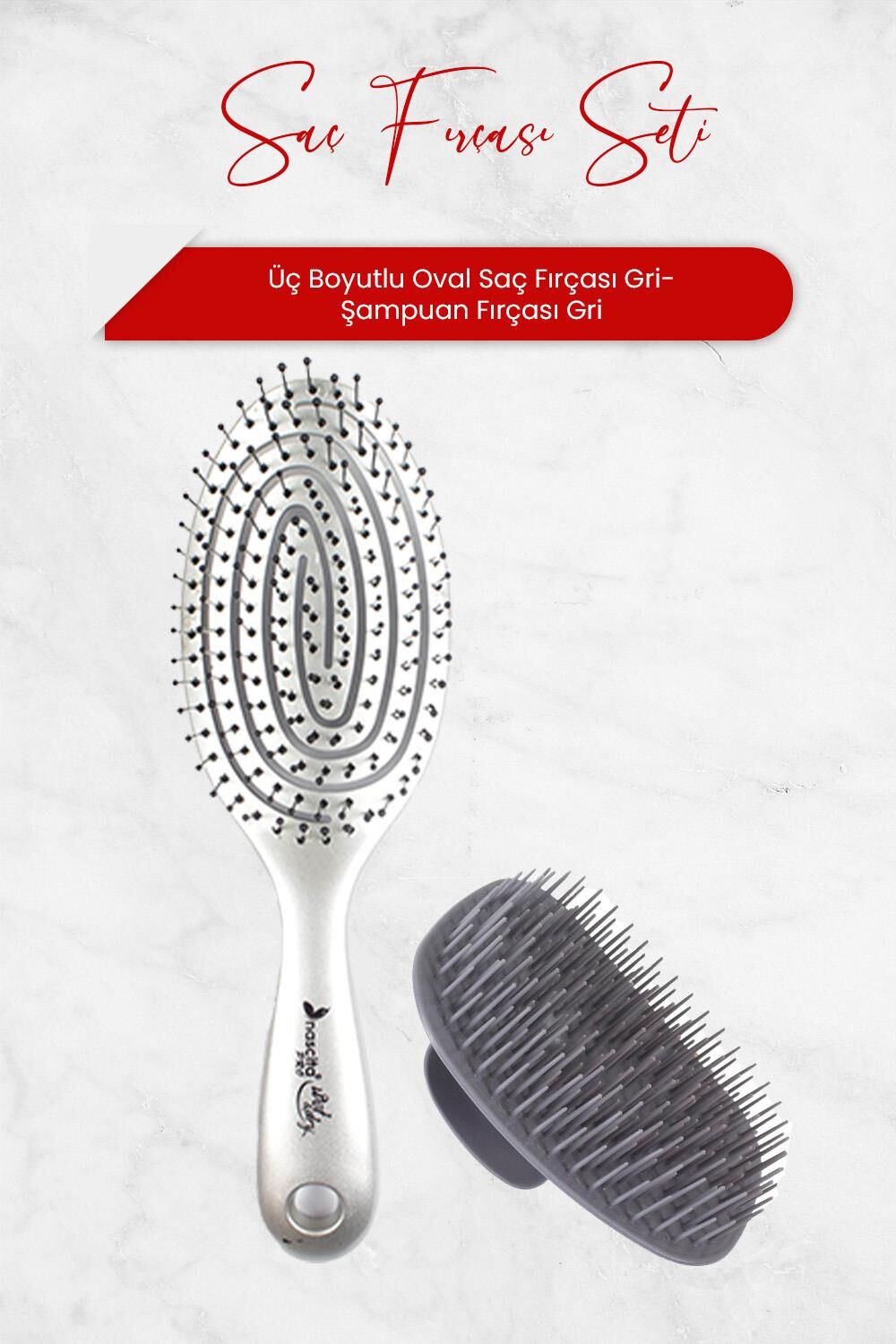 Nascita Üç Boyutlu Oval Saç Fırçası ve Şampuan Fırçası Gri