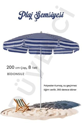 Plaj Şemsiyesi 8 Telli 200 CM Çap Mavi Beyaz Renkli Eğim Verilebilir