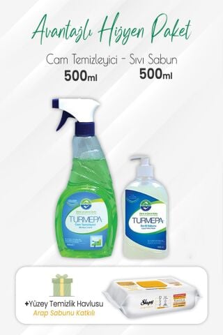 Turmepa Cam Temizleyici 500 ml, Sıvı Sabun 500 ml ve Arap Sabunlu 100'lü