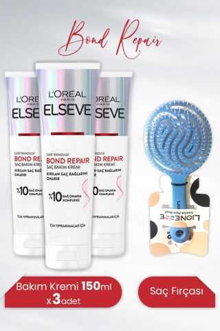 Elseve Bond Repair Saç Bakım Kremi 150 ml x 3 Adet ve Tarko Lionesse Saç Fırçası Yuvarlak Mavi