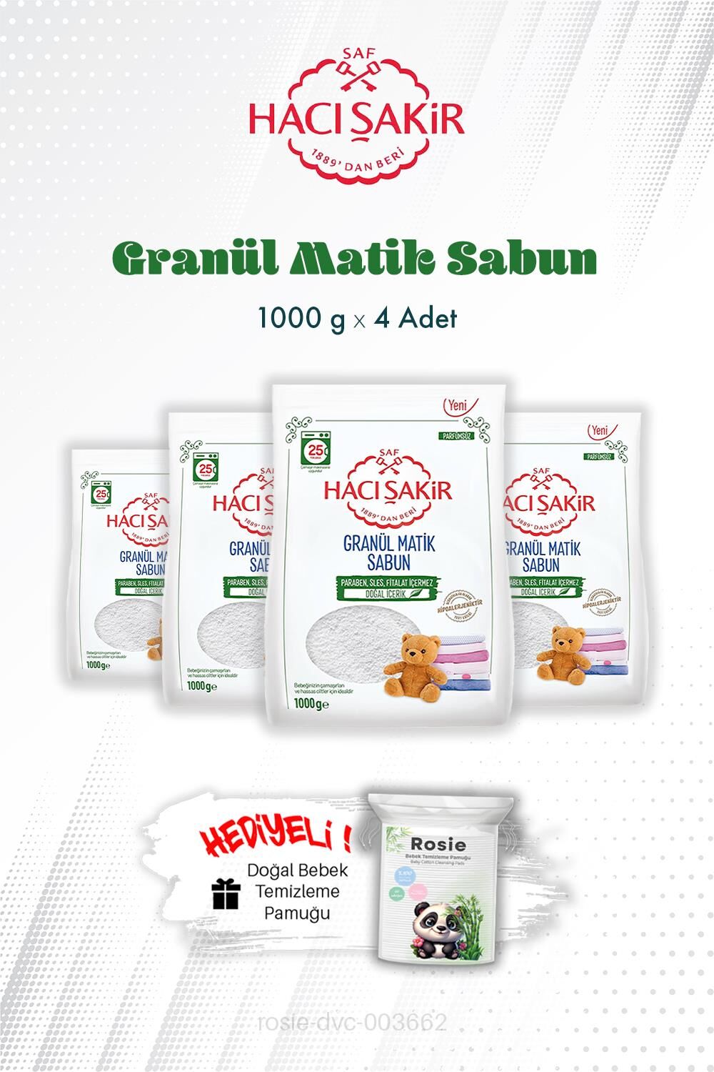 4 Adet 1000 gr Hacı Şakir Granül Matik Çamaşır Deterjanı ve ROSIE