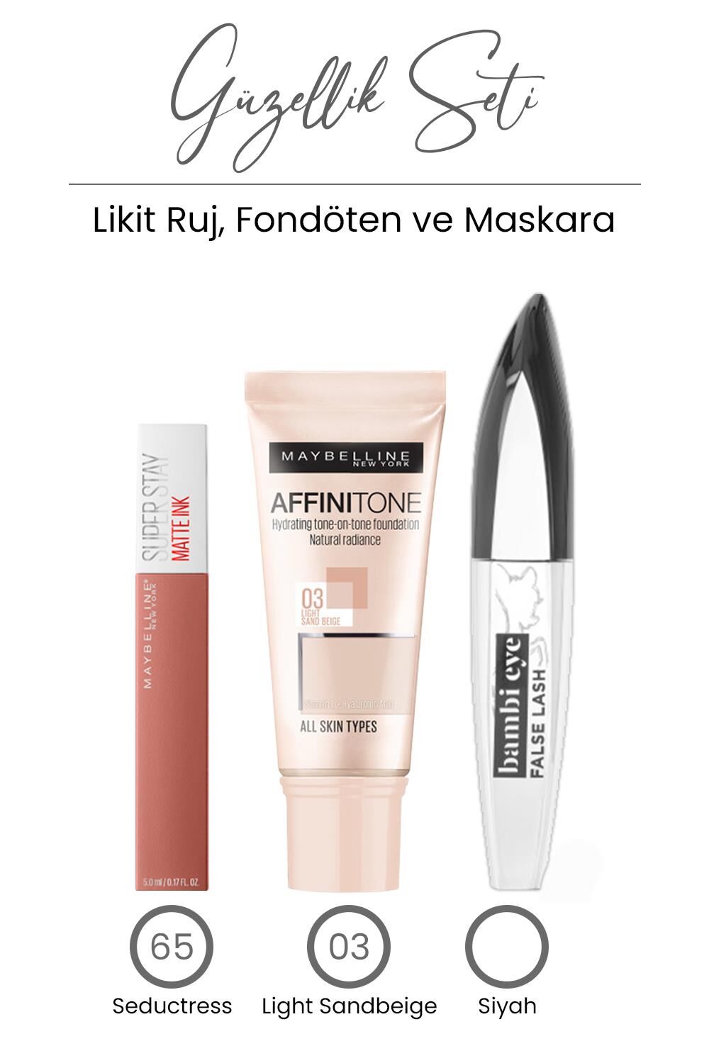 Loreal Paris Bambi Eye Extra Black Maskara Ekstra, Fondöten 03 ve Likit Ruj 65